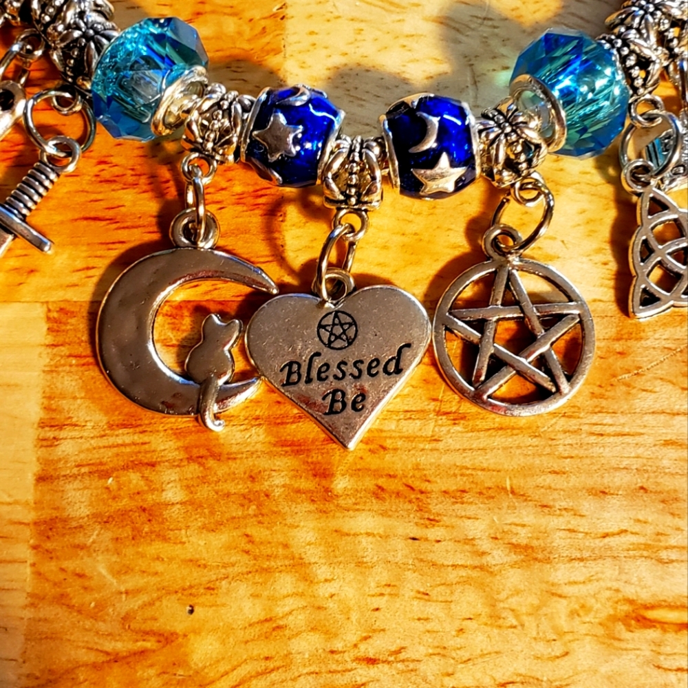 Wiccan Blessed Be Charm Bracelet BLUE